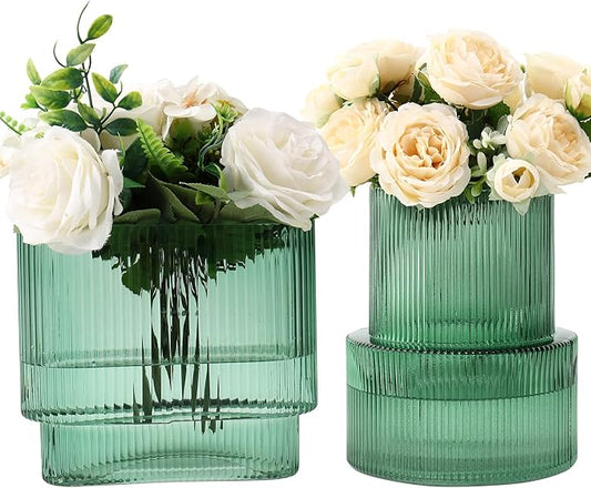 Green Glass Vases, Set of 2 Ribbed Vases for Flowers, Green Vase for Tulips, Modern Glass Vase for Living Room, Dining Table, Office, Entryway, Mantle, Bookshelf, Wedding Gifts