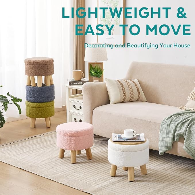 Small Foot Stool Ottoman with Storage, Sherpa Ottoman Foot Rest for Couch, Round Footstool with Storage, Small Ottomans and Footstools for Living Room and Entryway (Black)