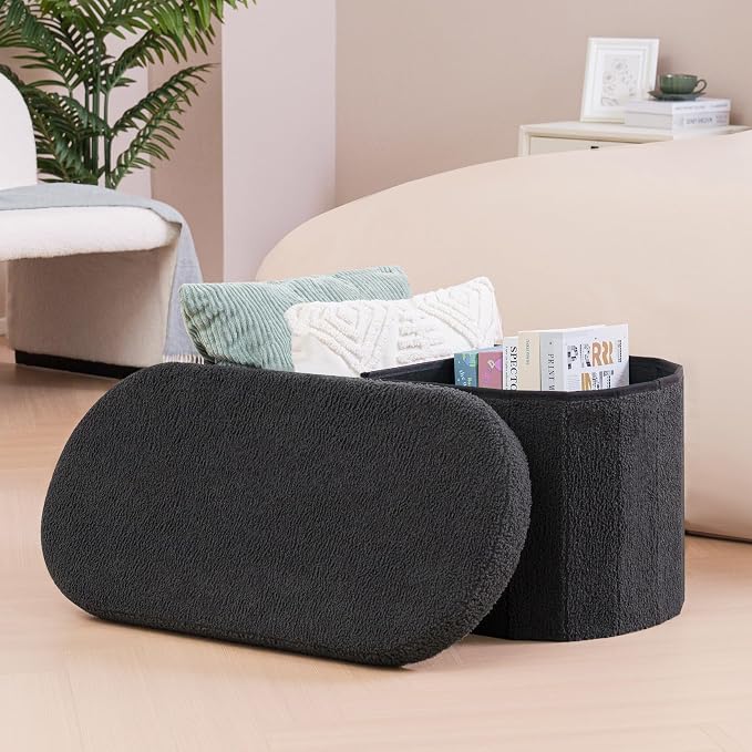 B FSOBEIIALEO Ottoman with Storage for Living Room, Sherpa Folding Storage Ottoman Foot Rest, 30 Inches Collapsible Bedroom Bench Dark Grey