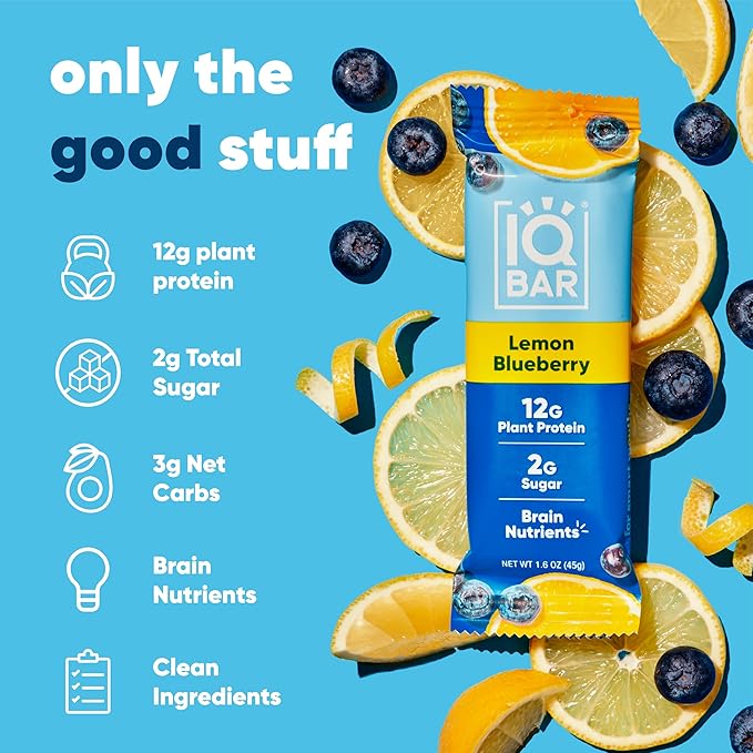 IQBAR Brain and Body Plant Protein Bars - Lemon Blueberry - 36-Count Low Carb - Gluten Free, High Fiber, Vegan Snacks - Low Sugar Meal Replacement