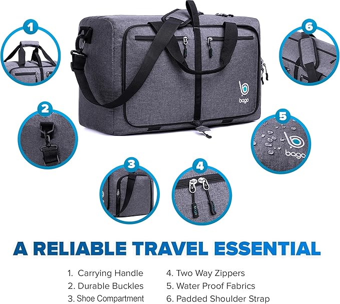 Bago Foldable Duffel Bags for Traveling Women & Men - 40L Sports Packable Duffle Bag for Travel with Shoe Compartment - Water Repellant, Heavy Duty, Lightweight Folding & Collapsible (SnowBlack)