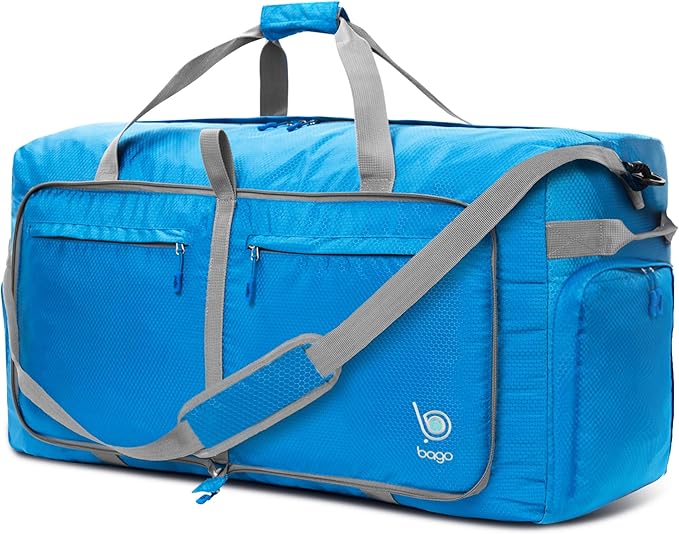 Bago Large Foldable Duffel Bags for Traveling Women & Men - 100L Packable Duffle Bag for Travel with Shoe Compartment - Water Repellant, Heavy Duty, Lightweight Folding & Collapsible (Blue)