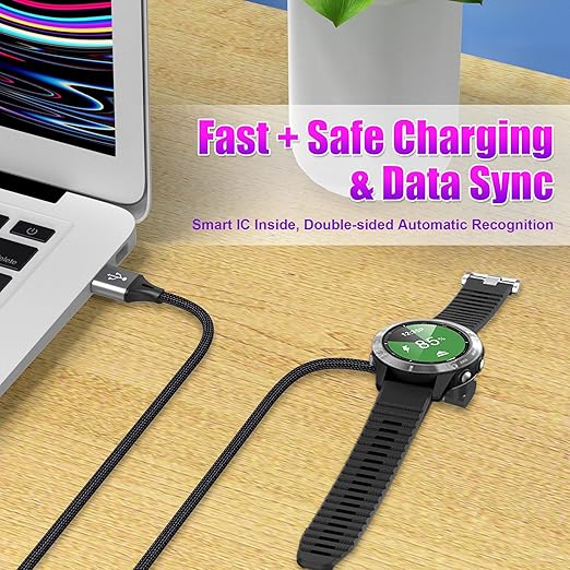 AGVEE 2 Pack 6.6ft Charger for Garmin Watch, L-Shape Charging Cable for Fenix, Forerunner, Vivoactive, Instinct, Venu, Tactix, Approach, D2, Quatix Series, Right Angle Braided, Dark Gray