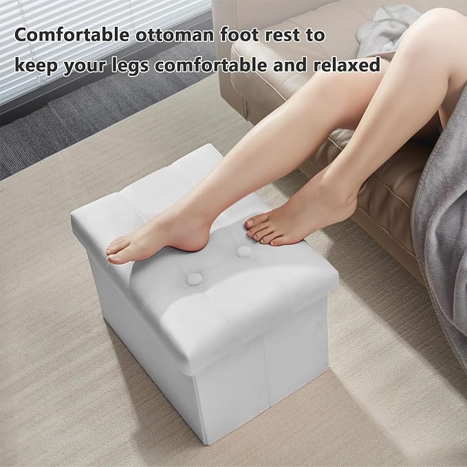 AmasSmile 2PC Storage Ottoman Foot Rest Stool, 17 inch Velvet Footstool Bench, Short Ottomans Stool, Small Folding Storage Ottoman Store Books, Records, White