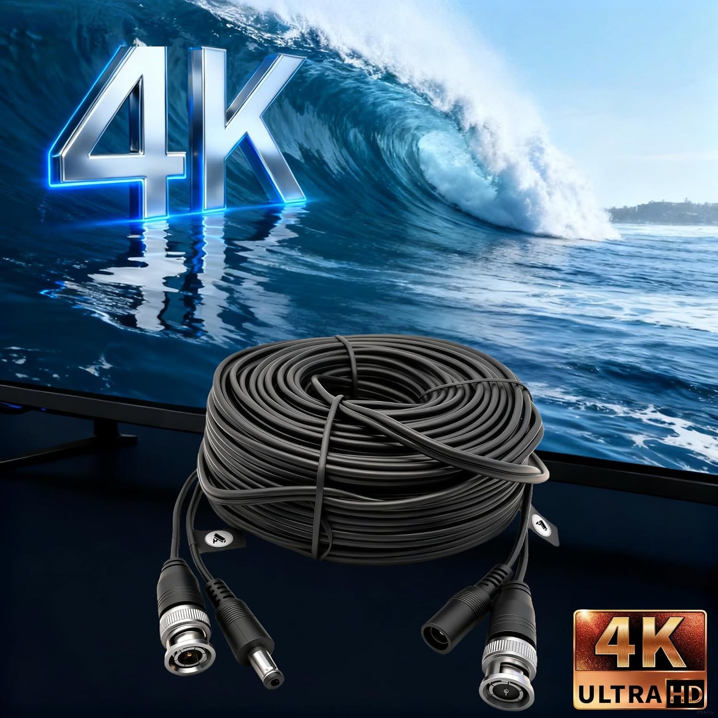 2 Pack 100ft (30M) 4K 4 100 Ultra HD BNC Video Cable Wire, Security Camera Extension Cable, All-in-One Siamese CCTV