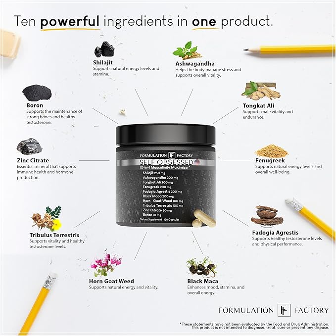 Self Obsessed 10 in 1 Masculinity Maximizer Supplement, Shilajit for Men, Tongkat Ali, Ashwaganda, Fenugreek & More, Muscle Growth, Energy Management, Strength, 360 Count (Pack of 3)