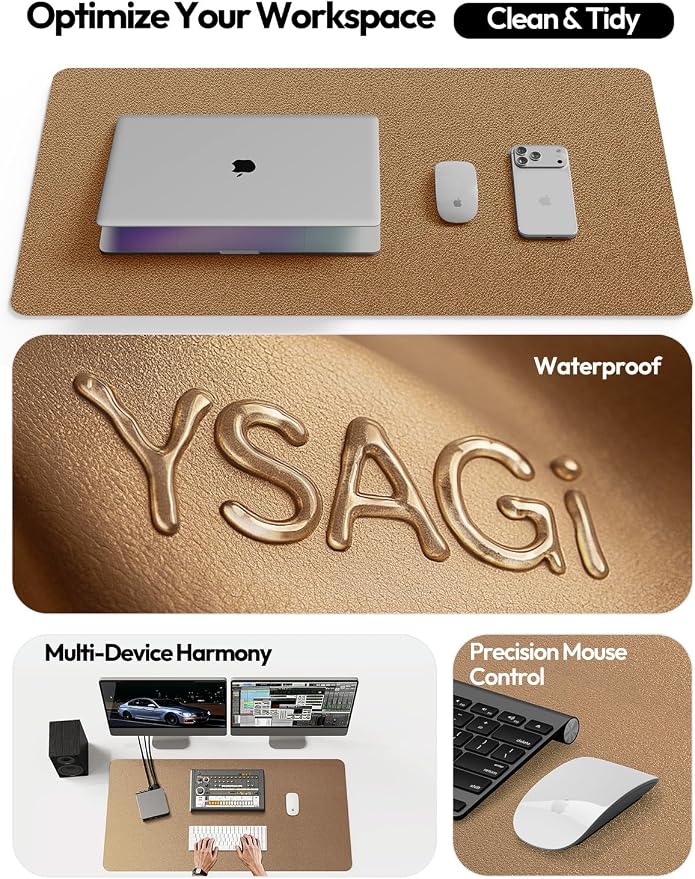 YSAGi Leather Desk Protector, Office Mat, Large Mouse Mat, Non-Slip PU Leather Blotter, Laptop Pad, Waterproof Writing Pad for Office and Home (Shiny Bronze, 31.5" x 15.8")