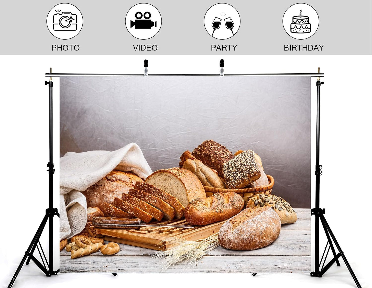 KeyWork 8x8ft Artisan Bread Assortment Backdrop Fresh Bakery Photography Background for Party Food Themed Gathering
