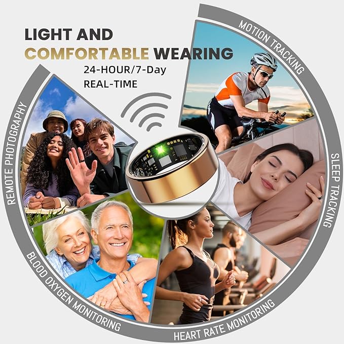 Smart Ring For Women Men, Health Tracker with Heart Rate/Blood Oxygen/Blood Pressure/Sleep Monitoring/Step Counting, IP68 Waterproof Fitness ring, No App Fees for iPhone & Android (Rose Gold, 9#)
