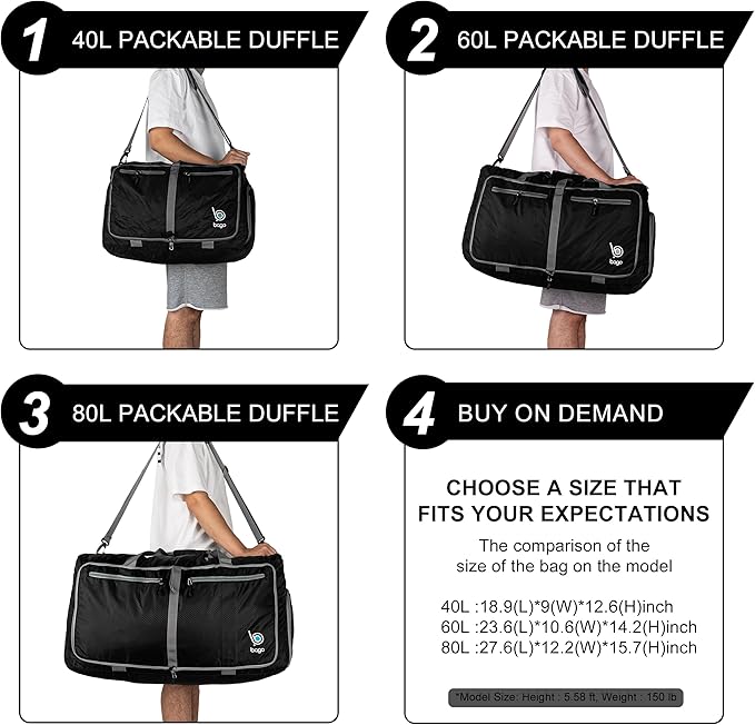 Bago Large Foldable Duffel Bags for Traveling Women & Men - 80L Packable Duffle Bag for Travel with Shoe Compartment - Water Repellant, Heavy Duty, Lightweight Folding & Collapsible (SnowDepPurple)