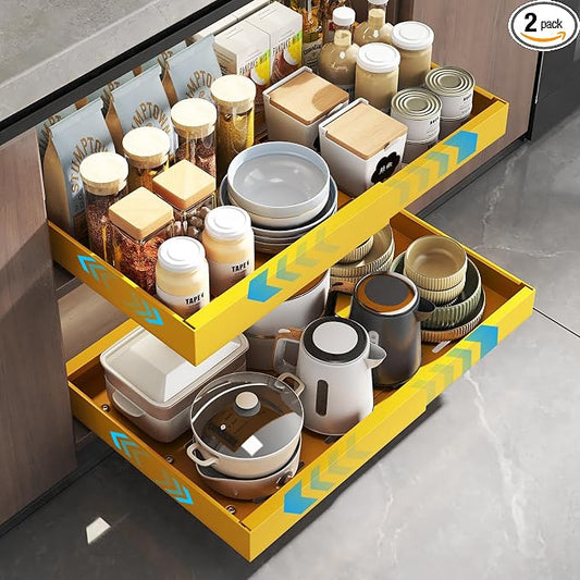 Mustorn 2 Pack Pull Out Cabinet Organizer, Expandable Slide Out Drawers for Kitchen Cabinets Peel and Stick Pullout Drawer Heavy Duty Sliding Shelves for Cupboard, Pantry, Bathroom(16.5" Deep, Yellow)