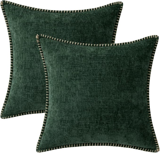 MIULEE Pack of 2 Pillow Covers 18x18 Inch Dark Green Farmhouse Decorative Throw Pillow Covers with Stitched Edge Soft Chenille Solid Dyed Couch Pillow Covers for Sofa Bed Living Room