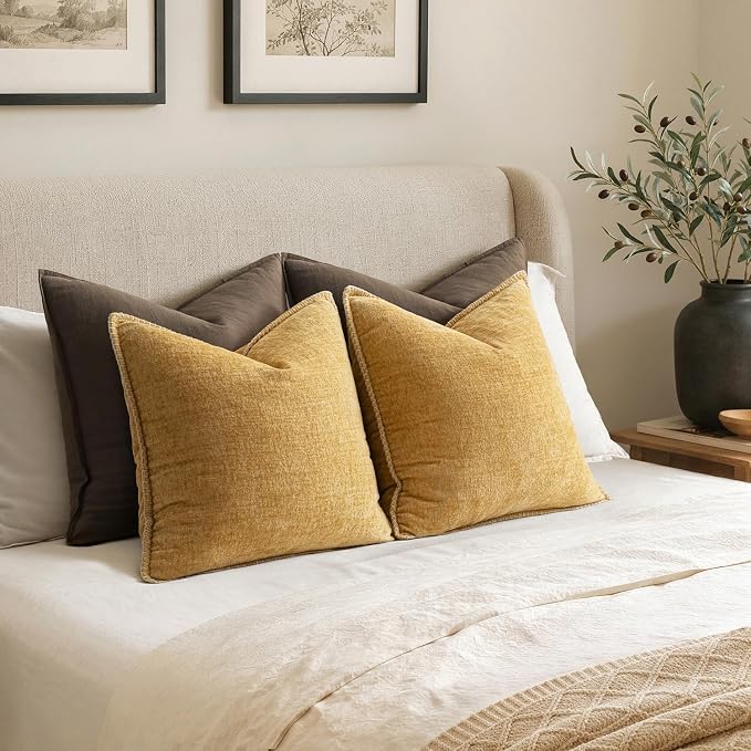 MIULEE Pack of 2 Euro Sham Pillow Covers 24x24 Inch Gold Mustard Yellow Farmhouse Decorative Throw Pillow Covers with Stitched Edge Soft Chenille Solid Pillow Covers for Bed Sofa Couch Living Room