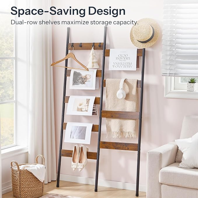 HOOBRO Blanket Ladder, Towel Rack with Hooks, Wall-Leaning Blanket Rack, Decorative Display Ladder Shelf, BF52CJ01-BF17CJ01