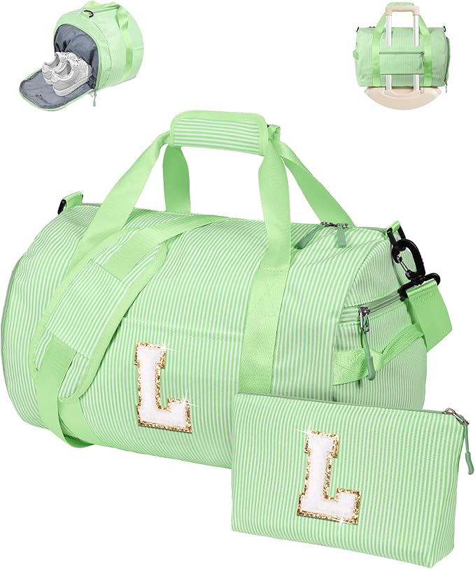 4 Year Old Girl Birthday Gift, Girl Gym Bag, Kids Monogram Overnight Duffel Bags with Shoe Compartment, Personalized Travel Bag with Makeup Pouch, Perfect for Weekend Trips (Letter L)