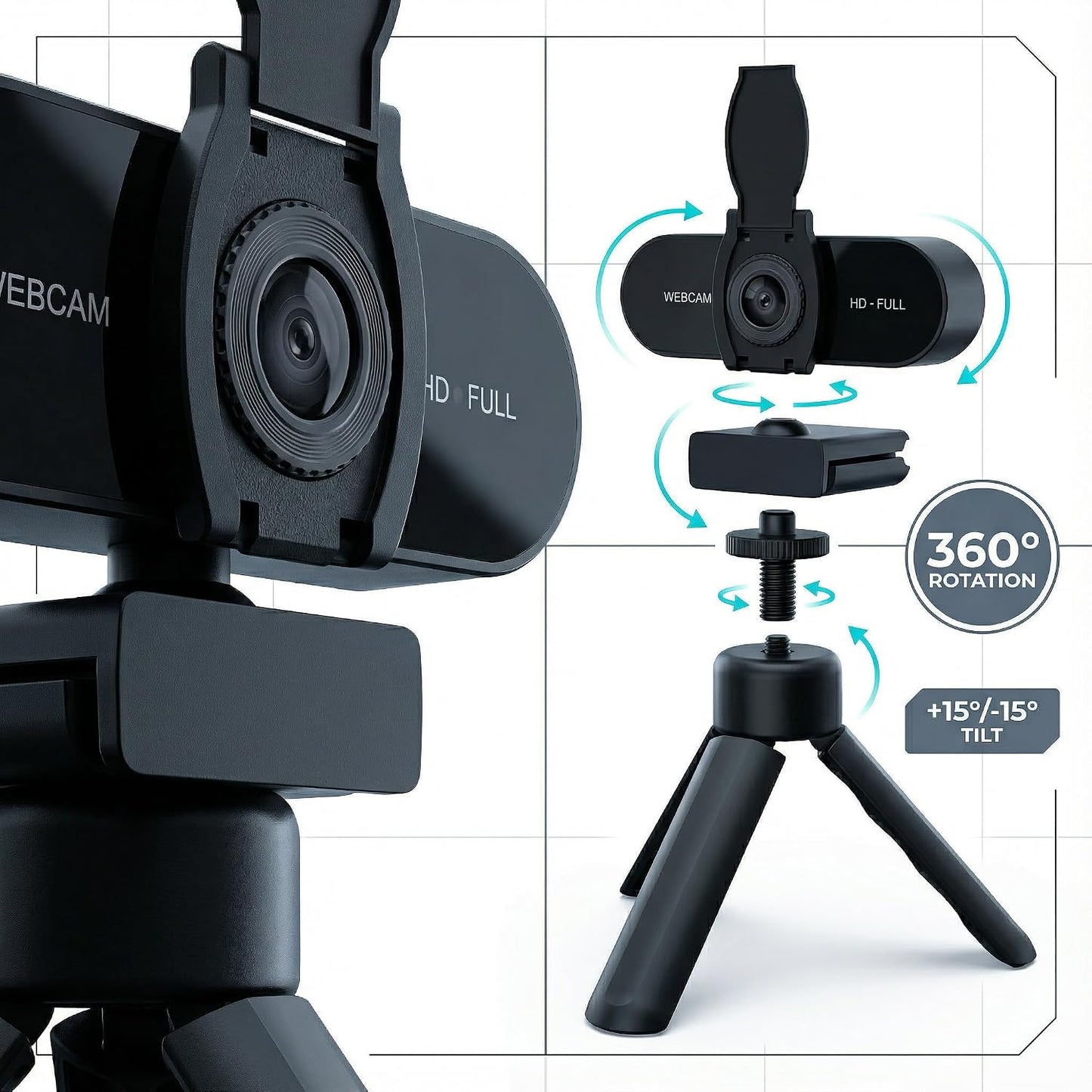 TOYAYAYO 2K HD Webcam with Microphone, Noise Cancellation, Privacy Cover, Wide-Angle Lens, Auto Light Correction, Plug
