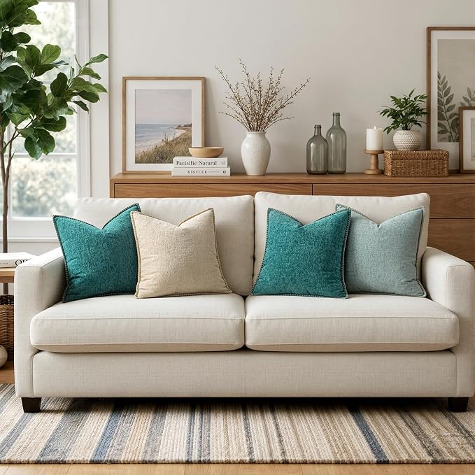 MIULEE Pack of 2 Couch Throw Pillow Covers 18x18 Inch Teal Farmhouse Decorative Pillow Covers with Stitched Edge Soft Chenille Solid Dyed Summer Pillow Covers for Sofa Bed Living Room