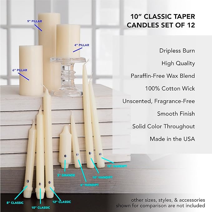 Colonial Candle Unscented Taper Candle, Classic Collection, Colonial Classic Green, 10 In, Pack of 12 - Up to 8 Hours Burn