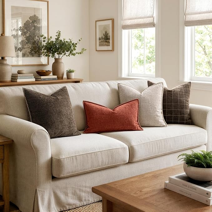 MIULEE Pack of 2 Couch Throw Pillow Covers 18x18 Inch Brown Farmhouse Decorative Pillow Covers with Stitched Edge Soft Chenille Solid Dyed Pillow Covers for Sofa Bed Living Room