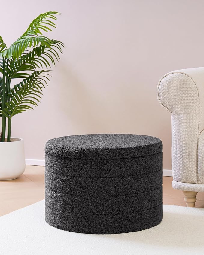 B FSOBEIIALEO Ottoman with Stroage, Round Sherpa Storage Ottoman Stool, Boucle Foot Rest22 x 22"x15.75" (Dark Grey)