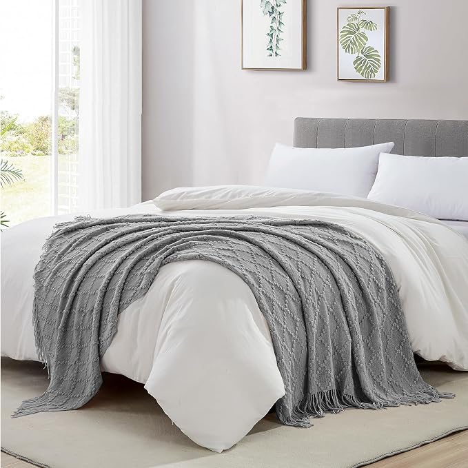 BOURINA Light Grey Throw Blanket 50 x70 Inches Jacquard Argyle Throw Textured Solid Soft Throws and Blankets for Sofa or Bed Knitted Decorative Blanket