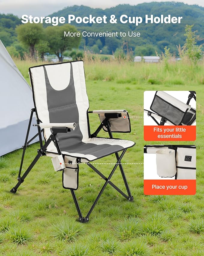 VEVOR Heated Camping Chair, 3 Heat Settings, High Back Folding Camping Chair, Supports 260lbs, Full Padded Beach Chairs with Armrest & Cupholder, Portable Lawn Chairs for Outdoor Sports Travel