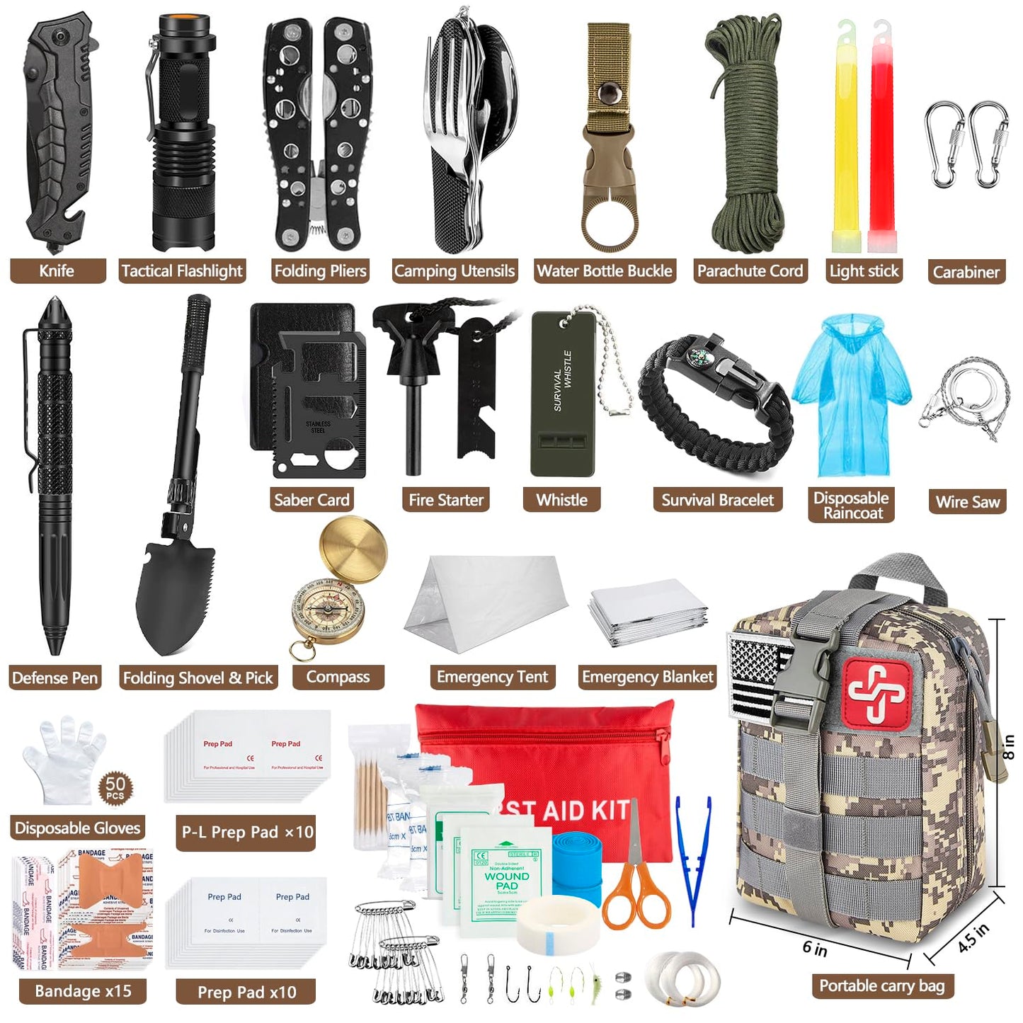 238Pcs Emergency Survival Kit and First Aid Kit, Professional Survival Gear Tool with Tactical Molle Pouch and Emergency Tent for Earthquake, Outdoor Adventure, Camping, Hiking, Hunting