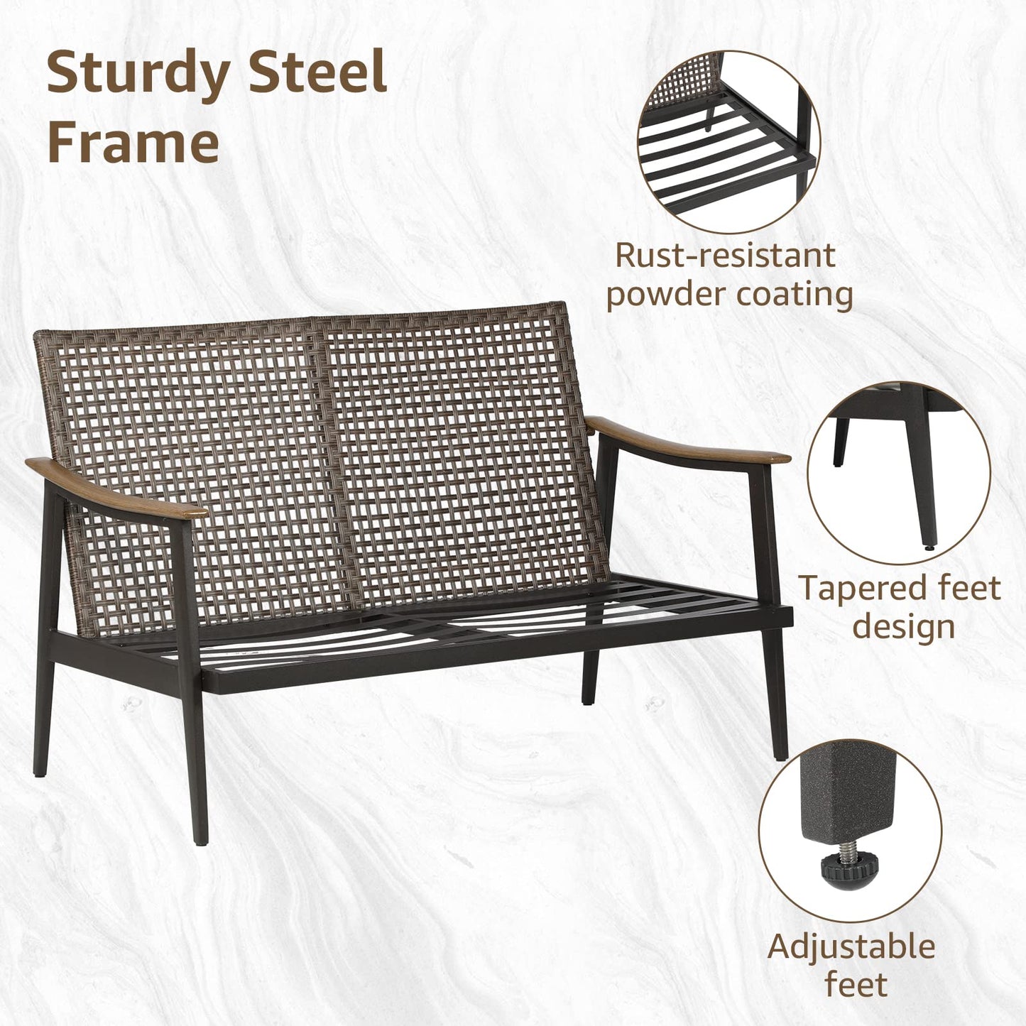 NATURAL EXPRESSIONS Patio Loveseat Sofa Outdoor Furniture Metal Chair with Wicker Backrest & 6 Inches Cushion for Indoor, Front Porch, Deck, Balcony, Backyard, 51.77"(L) x 29.75"(W) x 33.86"(H).