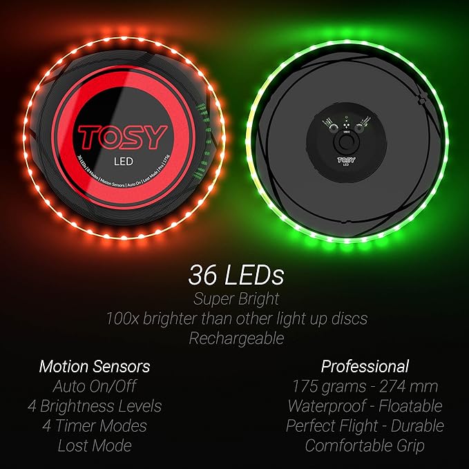 TOSY Bundle of 3-2X Red + Green - Flying Disc 36 LEDs, Super Bright, Smart Modes, Auto Light Up, Rechargeable, Cool Fun Christmas, Birthday & Camping Gift for Men/Boys/Teens/Kids, 175g Frisbee