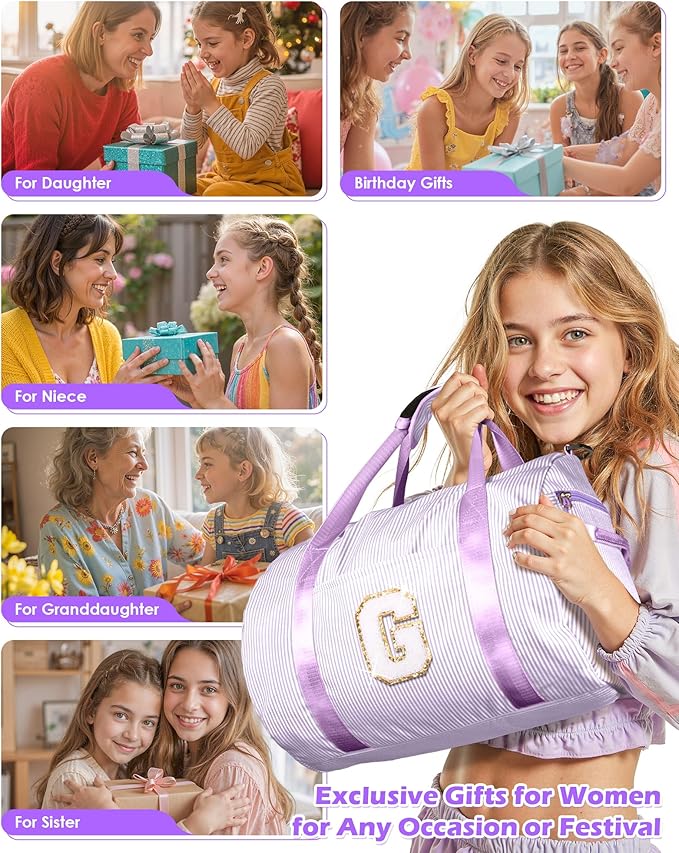 Dorm Room Essentials for Girls, Girl Gym Bag, Kids Initial Overnight Duffel Bags with Shoe Compartment, Personalized Dance Bag with Makeup Pouch, Preppy Stuff Gifts for Kid (Letter G)