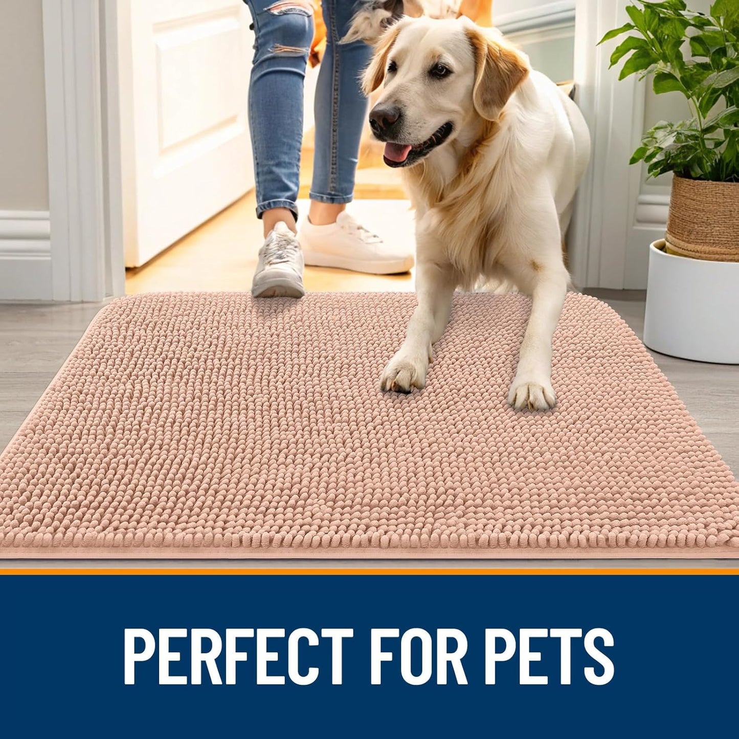 OLANLY Dog Door Mat - Absorbent Non-Slip Washable Doormat for Muddy Paws | Quick Dry Chenille, 45x27, Peach