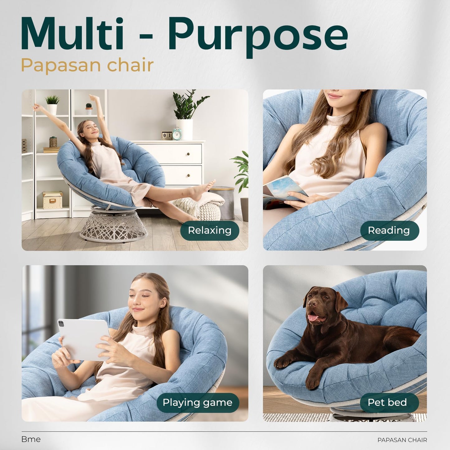Bme 40" Ergonomic Wicker Papasan Chair with Soft Thick Density Fabric Cushion, High Capacity Steel Frame, 360 Degree Swivel for Living, Bedroom, Reading Room, Lounge, Serene Oasis - White Base