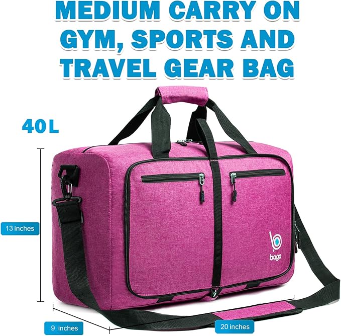 Bago Foldable Duffel Bags for Traveling Women & Men - 40L Sports Packable Duffle Bag for Travel with Shoe Compartment - Water Repellant, Heavy Duty, Lightweight Folding & Collapsible (SnowPink)