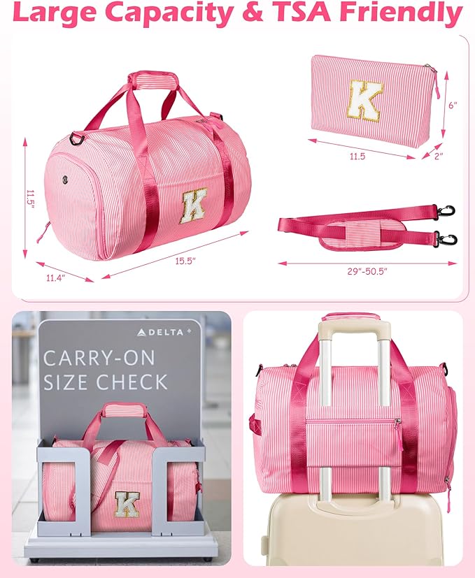 Teen Girl Gifts Trendy Stuff, Girl Gym Bag, Kids Initial Overnight Duffel Bags with Shoe Compartment, Personalized Travel Bag with Makeup Pouch, Birthday Gift for Daughter Niece (Letter F)