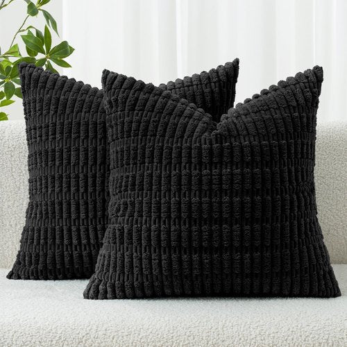 MIULEE Euro Sham Pillow Covers - Soft Corduroy Boho Striped Design | 24x24 Inch Black for Modern Home Decor