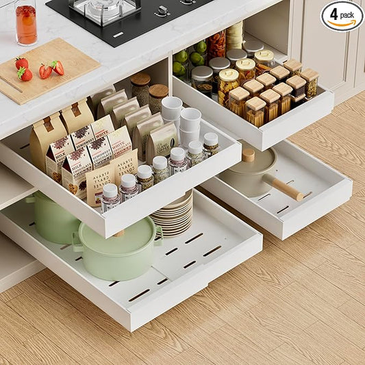 PAKETA 4 Pack Expandable Pull Out Cabinet Organizer, 21'' Deep Pull Out Drawers for Cabinet, Upgrade 3 Slide Rails Sliding Drawers for Cabinets with Adhesive Nano Film (White, 21"D X 9-14"W)