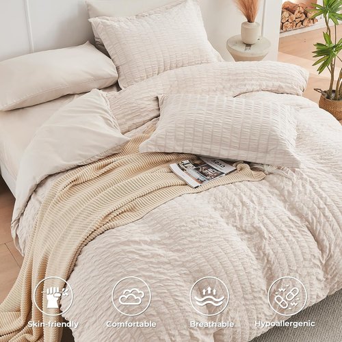 HYMOKEGE Ultra Soft Beige Duvet Cover Set - 3-Piece Queen Size with Zipper Closure & 8 Corner Ties (90"x90")