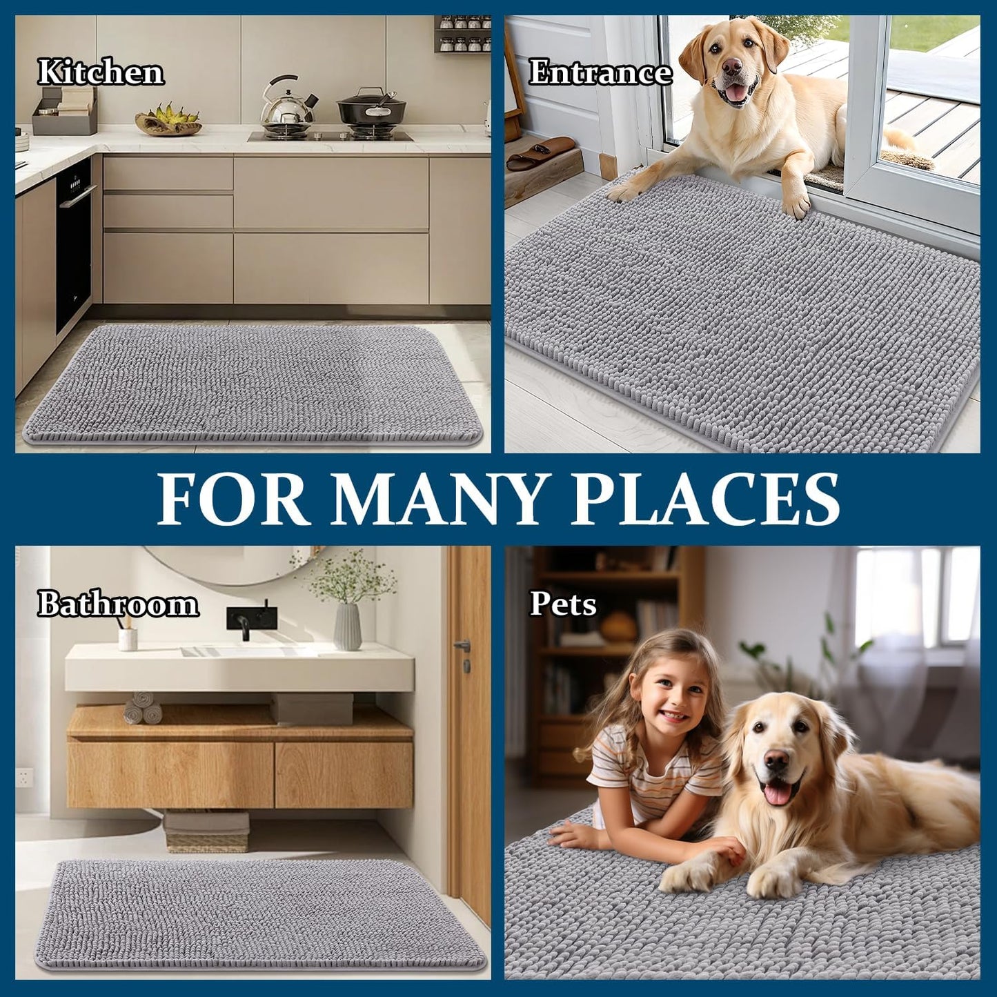 OLANLY Dog Door Mat - Absorbent Non-Slip Chenille Mat for Muddy Paws | Quick Dry, 44x32, Light Grey