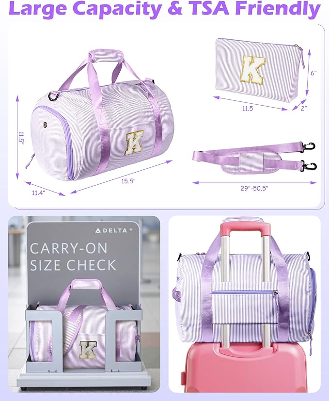 Gift for 4 5 6 7 8 9 Year Old Girls,Girl Gym Bag, Kids Initial Overnight Duffel Bags with Shoe Compartment, Personalized Dance Bag with Makeup Pouch, Sweet 16 Gifts for Daughter (Letter C)
