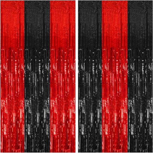 Skiennix 2-Pack Tinsel Curtain Backdrop - Black & Red Foil Fringe for Halloween & Birthday Parties