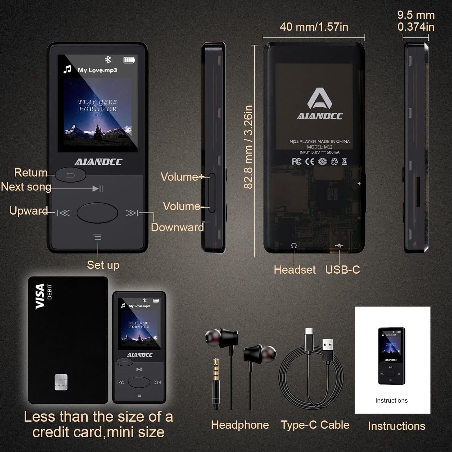 Aiandcc 128GB Mp3 5.3 Mp3 Player with Bluetooth HiFi Sound, Player with FM Radio, Mini Music Player for Kids Adults