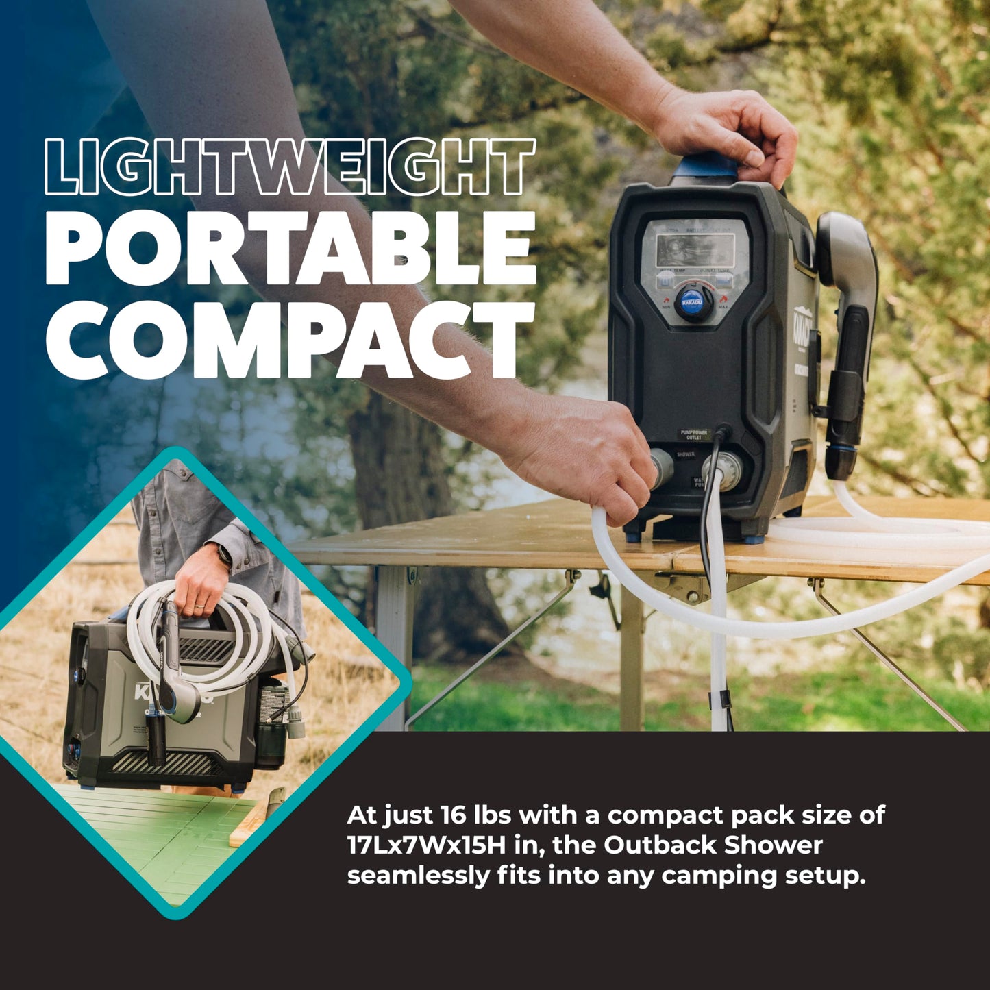 Kakadu Portable Camping Outback Shower, Instant Hot Water for Outdoor Use - Slimline Design, Rechargeable Lithium Battery, Adjustable Shower Head, Slim Pump, Digital Display