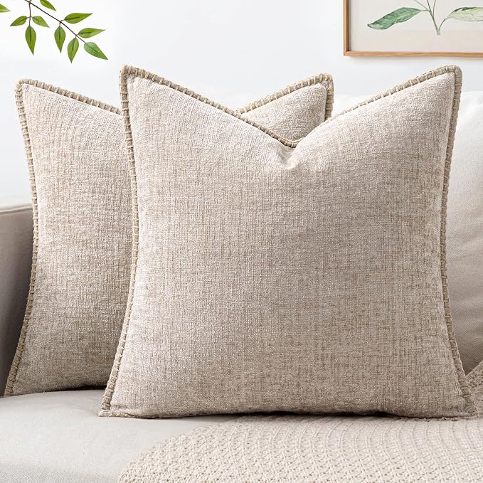MIULEE Pack of 2 Couch Throw Pillow Covers 20x20 Inch Natural Beige Farmhouse Decorative Pillow Covers with Stitched Edge Taupe Soft Chenille Solid Dyed Pillow Covers for Sofa Bed Living Room