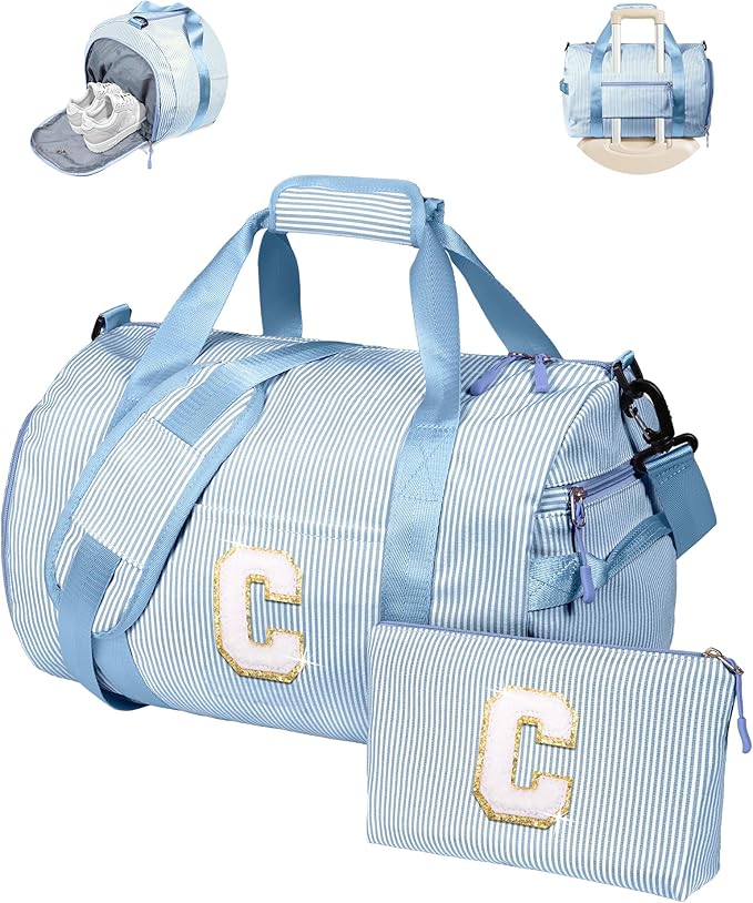 Gifts for 16 Years Old Girls, Girl Gym Bag, Kids Initial Overnight Duffel Bags with Shoe Compartment, Personalized Travel Bag with Makeup Pouch, Cheer Stuff for Teen (Letter C)