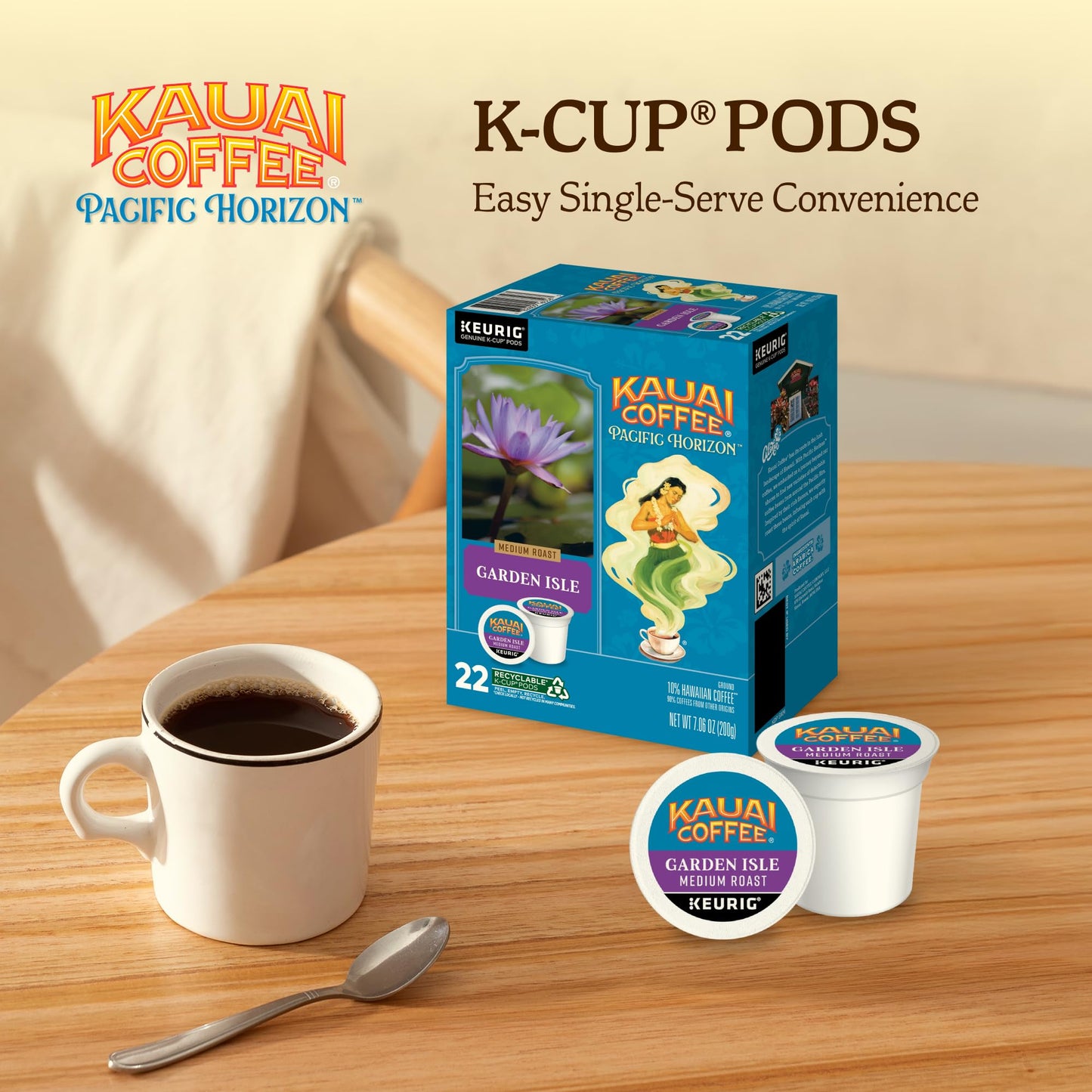 Kauai Coffee K-Cup Pods for Keurig Brewers – Arabica Coffee, 10% Hawaiian – Medium Roast, Bright Aroma With Light Floral Notes – Garden Isle, 1 Pack of 22 Single Serve K-Cups