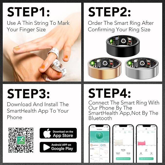 Smart Health Ring for Women Men Fitness Tracker with Heart Rate, Blood Oxygen, Blood Pressure, Sleep Monitoring, Step Counting, IP68 Waterproof for iPhone and Android, No APP Fee, Black 13