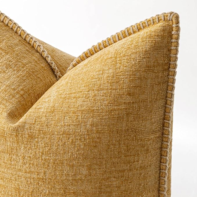 MIULEE Pack of 2 Summer Throw Pillow Covers 18x18 Inch Gold Mustard Yellow Farmhouse Decorative Pillow Covers with Stitched Edge Soft Chenille Solid Dyed Pillow Covers for Couch Sofa Bed Living Room