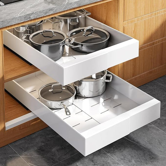 Seinloes 2 Pack Expandable Pull Out Cabinet Organizer 21" Deep with Raising Pad for Framed Cabinets,Upgrade 3 Slide Rails Slide Out Drawers,Roll Out Shelves Adhesive,Adjustable Width 9"-14.1" White