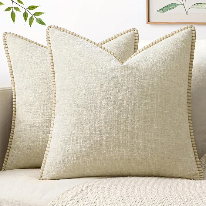 MIULEE Pack of 2 Pillow Covers 18x18 Inch Cream White Farmhouse Decorative Throw Pillow Covers with Stitched Edge Soft Chenille Solid Dyed Couch Pillow Covers for Sofa Bed Living Room