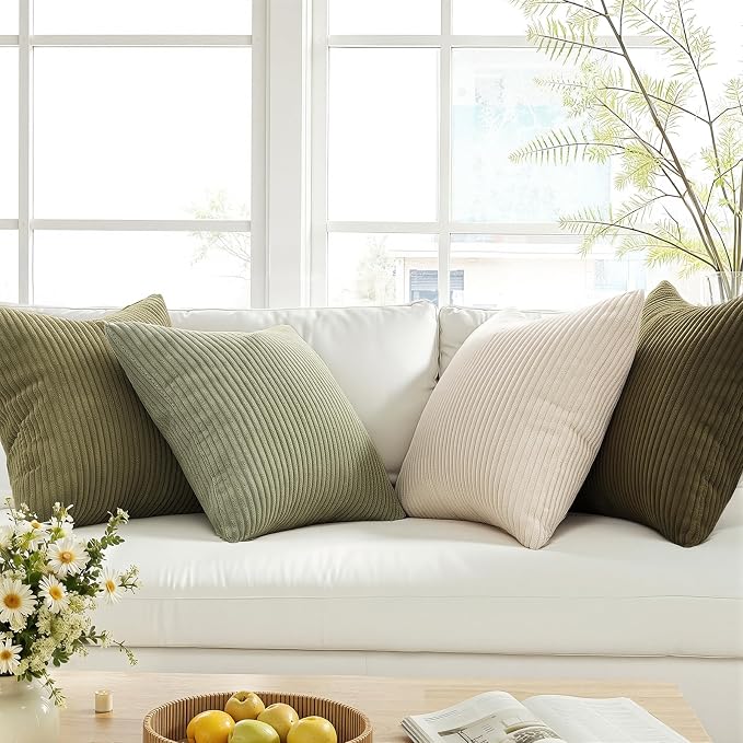 Topfinel Green White Spring Pillow Covers 18x18 Inch Set of 4 Boho Nordic Cushion Covers Soft Corduroy Home Decor for Couch Bed Sofa Living Room